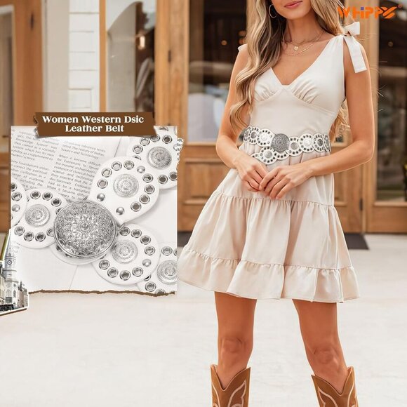 Women Vintage Disc Waist Concho Leather Belt Boho Waist Belt White Silver Buckle main image 7